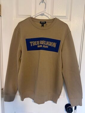 True Religion Tan Crewneck Sweatshirt with Blue Logo Panel